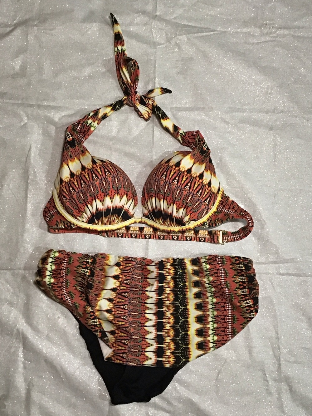 VENUS Rust, Black & Cream Printed Halter Bikini